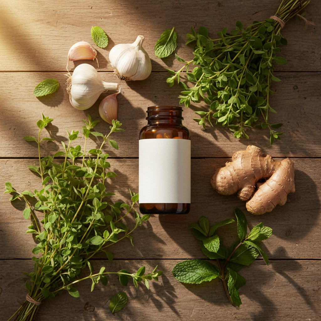 Capsule bottle nestled in fresh oregano, garlic, ginger, and mint on a rustic table